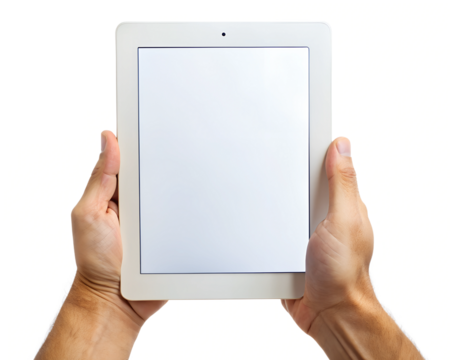 hand on a white background holding ipad with white screen