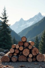 Serene mountain vista with a neatly stacked pile of timber logs resting on a gravel surface
