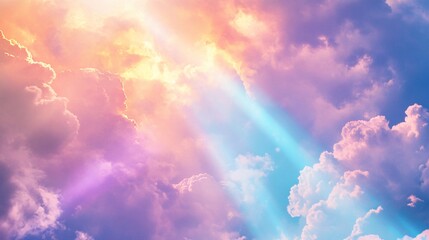 Dreamy pastel sky with vibrant clouds and sunbeams. Magical celestial landscape at sunset or sunrise. Ethereal heavenly background for inspirational designs with copy space