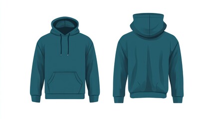 Flat illustration of a dark teal hoodie,on a white background, in a vector style, with a minimalistic design and simple lines