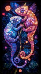 Obraz premium Two vibrant chameleons, one blue and one orange, cling to a branch surrounded by colorful orbs and lush foliage, showcasing a stunning artistic design.
