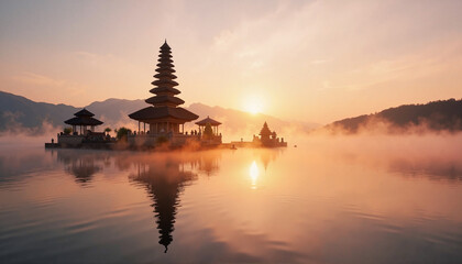 Serene sunrise over floating Balinese temple, tranquil travel inspiration
