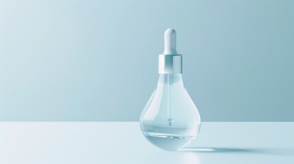 Transparent glass dropper bottle with clear serum on blue background with copy space for skincare product branding