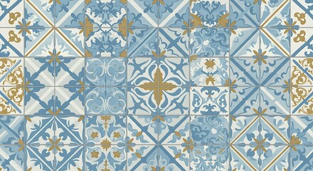 Decorative Tiles Pattern Blue and Gold Geometric Design Seamless Repeat