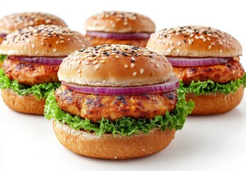 Delicious grilled chicken burgers with sesame seed buns, fresh lettuce, and onions arranged elegantly on a white background for food photography