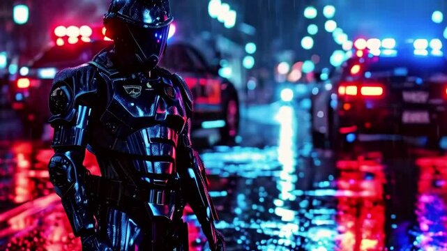 Futuristic android police robot patrolling neon lit city street at night with cyberpunk atmosphere new beautiful stock video footage animation AI
