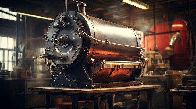 A photo of an empty heavy-duty roasting machine in a shop.