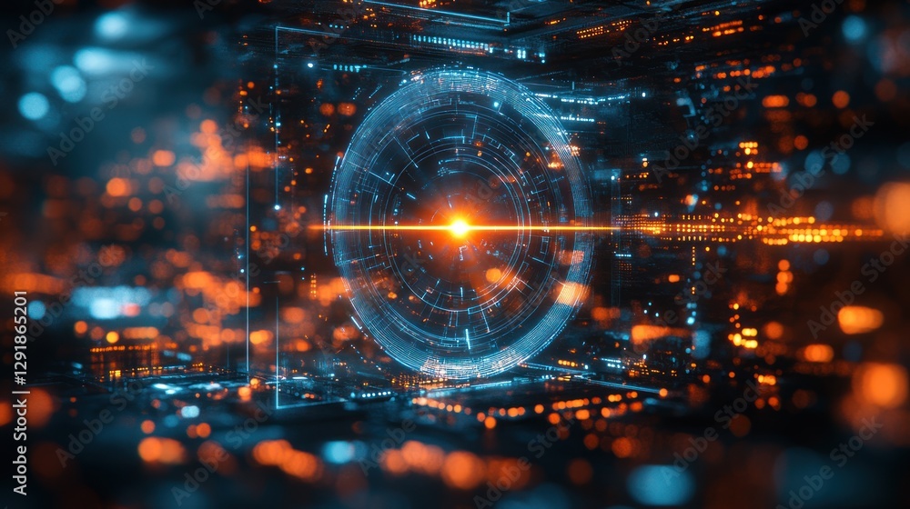 Poster futuristic data sphere interface glows, digital backdrop