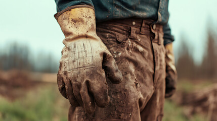 Close-up of dirty work gloves with a sketch of house plan, worn by a farmer standing in a cultivated field