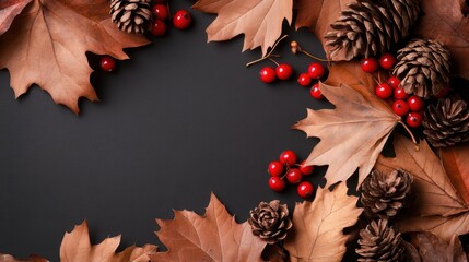 An elegant collection of colorful autumn leaves, combined with striking red berries, set against a deep, dark background that enhances the overall visual impact.