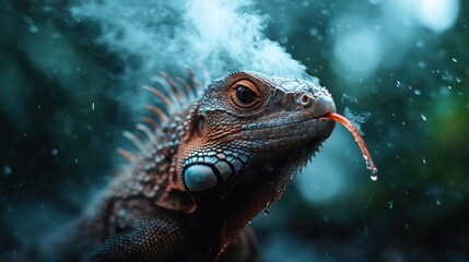 A captivating close-up of a majestic iguana surrounded by a misty ambiance, with water droplets on its skin, illustrating the intriguing beauty of nature in a unique context.