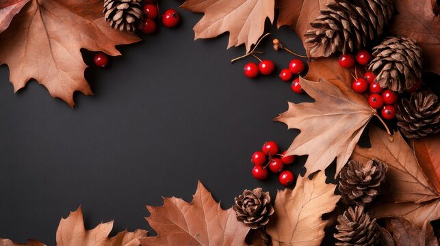 An elegant collection of colorful autumn leaves, combined with striking red berries, set against a deep, dark background that enhances the overall visual impact.