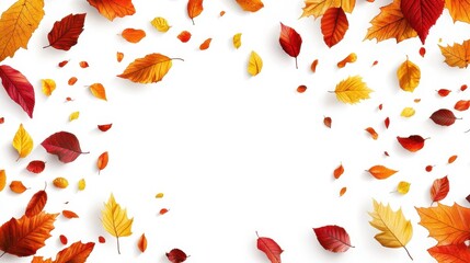 Fototapeta premium A vibrant array of autumn leaves in red, orange, and yellow hues, scattered on a white background.