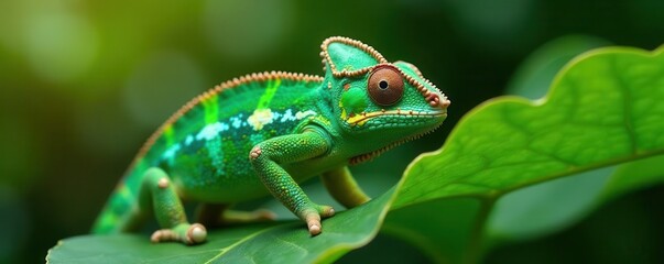 Fototapeta premium Vibrant green chameleon blends seamlessly with a large, colorful leaf , rainforest, texture