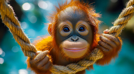 Cute young orangutan swinging on a rope, smiling playfully in a sunlit jungle