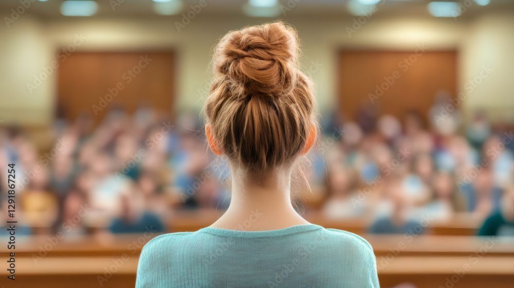 Poster professor delivering a lecture in a bustling university hall, viewed from behind while engaging with