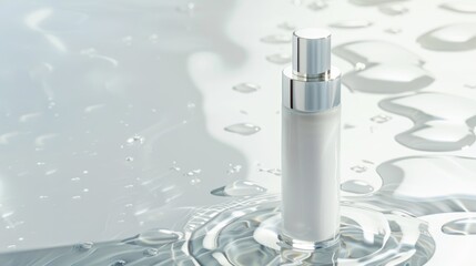 Elegant white cosmetic pump bottle with silver cap on watery surface with ripples and droplets