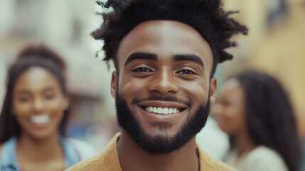 Fototapeta premium Cheerful male laughing, standing among friends during city street hangout, radiating positive energy and camaraderie