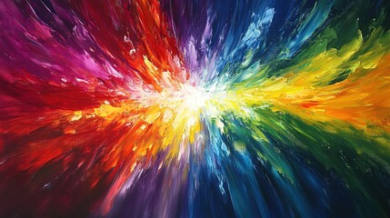 Obraz premium Single brush creating a burst of rainbow colors on canvas, abstract and vibrant 