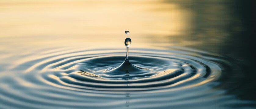 A water droplet sends ripples through a placid surface, creating elegant patterns of symmetry and tranquility in a golden atmosphere.
