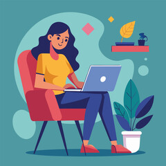 a girl is using his laptop vector