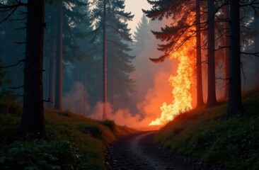 Obraz premium A forest fire with intense flames engulfing the landscape. Burning forest, smoke from a fire. The forest is ablaze. Natural disaster, disaster.