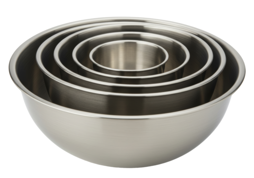 Five Nested Stainless Steel Mixing Bowls with Smooth Finish and Reflective Surface on Transparent