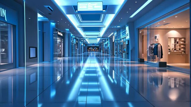 Futuristic shopping mall interior showcasing glowing lights and sleek storefronts, Futuristic shopping mall interior with glowing lights and empty storefronts