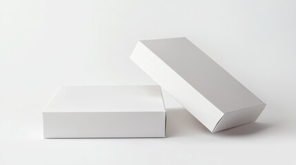 Fototapeta premium Two blank, white cardboard boxes in a modern setting, one slightly tilted for a dynamic effect.
