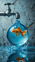 Goldfish in Water Drop from Faucet