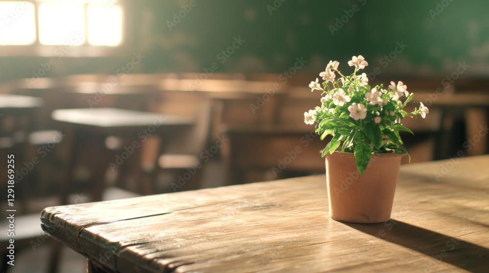 Poster potted plant sits on a table in an empty classroom illuminated by sunlight, creating a peaceful and 