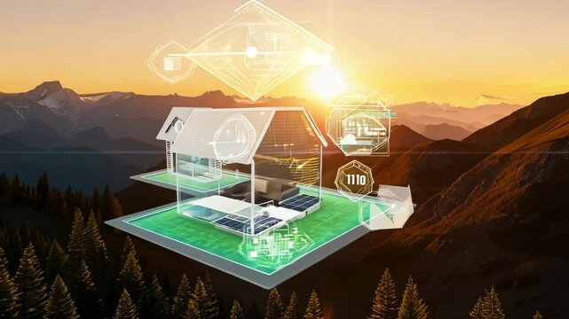 A digital model of a smart home in a mountain setting, featuring energy-efficient features and smart technology with a sunset backdrop.
