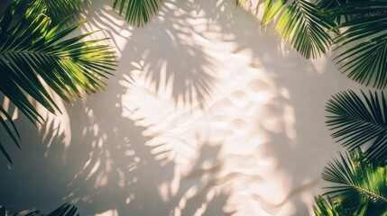A serene overhead view of tropical palm leaves casting shadows on soft, sandy terrain, evoking a sense of tranquility.