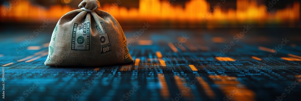 Aufkleber money bag placed on a digital floor with business graphs and data in the background