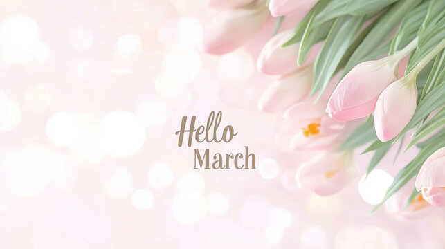 Pink tulips and bokeh light background with hello march text for spring - Powered by Adobe