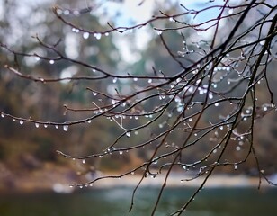 Obraz premium A detailed close-up of raindrops clinging to the bare branches of trees, with the soft light reflecting off the water. The remnants of winter are visible as the last traces of frost melt away