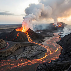A Fiery Blast: The Powerful and Explosive Eruption of a Volcano, Spewing Molten Lava and a Towering Plume of Smoke and Fire.
