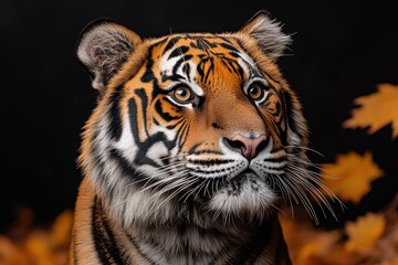 Fototapeta premium Close-up view of a tiger's head showcasing its striking features and intense expression