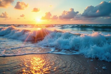 Fototapeta premium Golden Sunset Rays Illuminate Ocean Waves Crashing on Sandy Shore