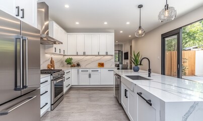 Modern and Stylish Kitchen Design with Marble Countertops and Elegant Fixtures