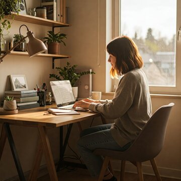 Young Female Professional Working From Home Comfortable Living Room Apartment Cozy, Remote Work From Home Business Girl, Cozy Apartment, Student Studying with Laptop, Freelancer