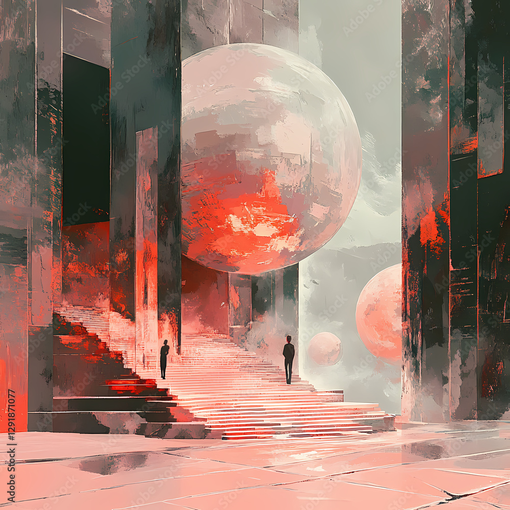 Aufkleber futuristic landscape with large spheres and abstract architecture. generative ai