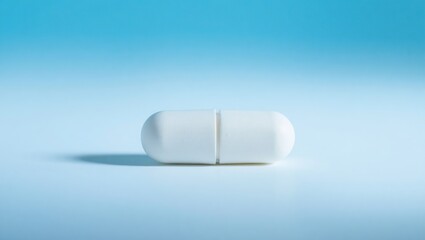 Pill tablet, showcased against a crisp, gradient blue and pure white background, evoking a sense of clinical precision and sterility, ideal for pharmaceutical or healthcare marketing materials.