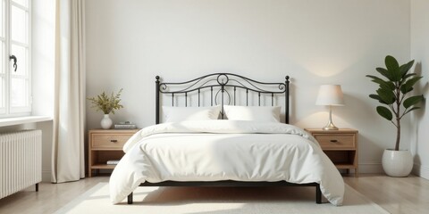 Serene Bedroom Sanctuary  A Minimalist White Bed with Ornate Metal Headboard, Flanked by Light Wood Nightstands and a Lush Indoor Plant