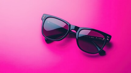 Stylish black sunglasses displayed against a vibrant pink background, emphasizing contemporary fashion and summer vibes