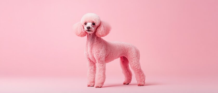pink poodle standing on pink background.