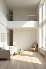 Bright, airy living space with minimalist furniture and high ceilings, showcasing natural light streaming through large windows, creating a serene and calm atmosphere