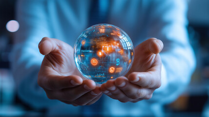 person holding glowing digital globe with financial icons