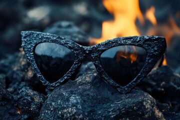 Stylish black sunglasses featuring a volcanic rock texture rest on a bed of volcanic rock, with a blurred fire creating a dramatic backdrop
