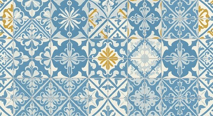 Decorative Tiles Pattern Blue Gold White Design Seamless Background